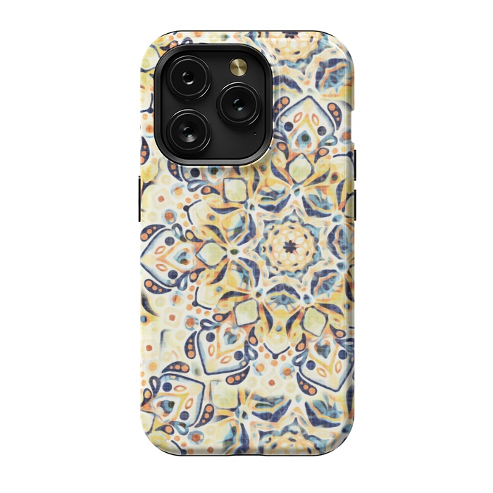 iPhone 15 Pro StrongFit Stained Glass Mandala - Mustard Yellow & Navy  by Tigatiga