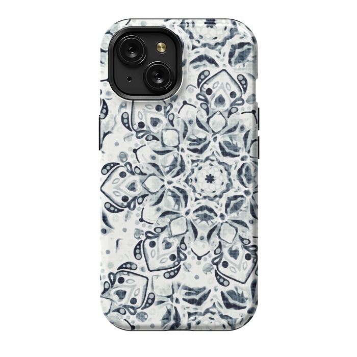 iPhone 15 StrongFit Stained Glass Mandala - Navy & White  by Tigatiga
