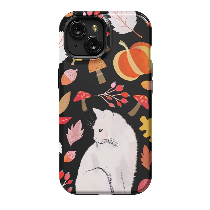 iPhone 15 StrongFit Autumn nature pattern with white cat by Oana 
