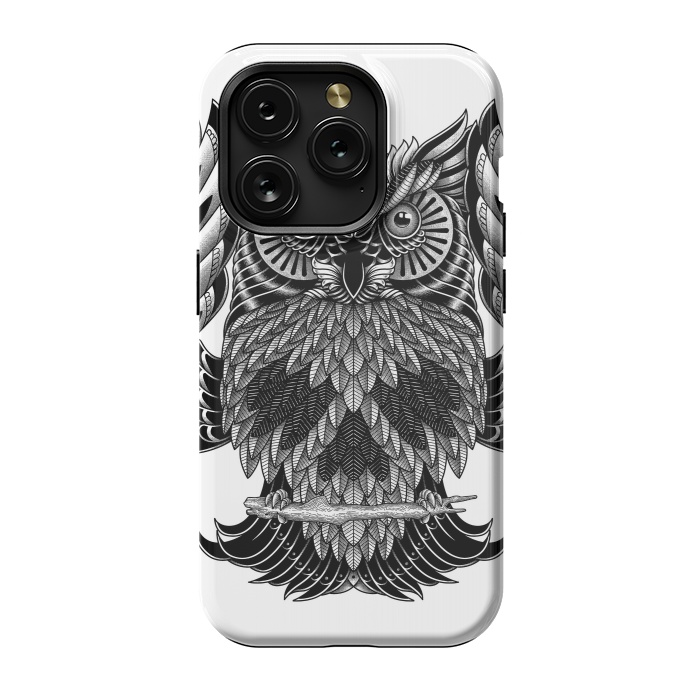 iPhone 15 Pro StrongFit Owl Skull Ornate (White) by Afif Quilimo