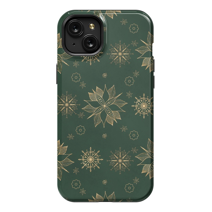 iPhone 15 Plus StrongFit Elegant Gold Green Poinsettias Snowflakes Winter Design by InovArts