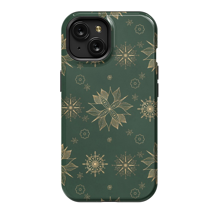 iPhone 15 StrongFit Elegant Gold Green Poinsettias Snowflakes Winter Design by InovArts