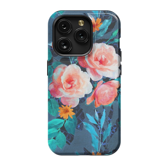 iPhone 15 Pro StrongFit Retro Rose Chintz in Radiant Coral on Blue by Micklyn Le Feuvre
