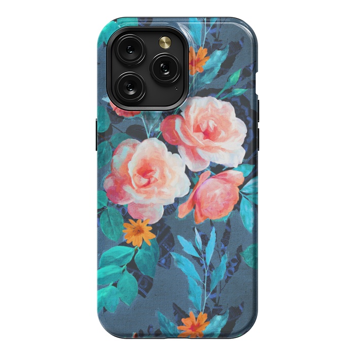 iPhone 15 Pro Max StrongFit Retro Rose Chintz in Radiant Coral on Blue by Micklyn Le Feuvre