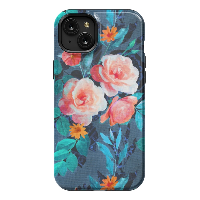 iPhone 15 Plus StrongFit Retro Rose Chintz in Radiant Coral on Blue by Micklyn Le Feuvre