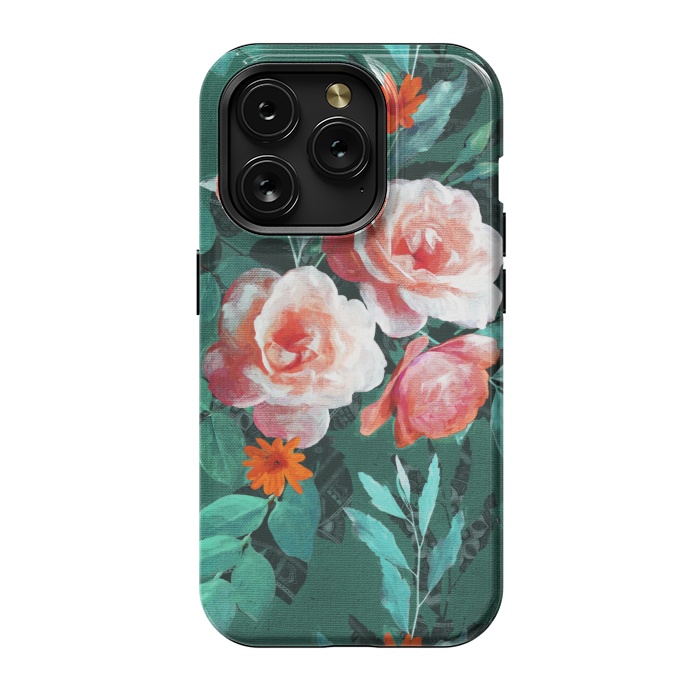 iPhone 15 Pro StrongFit Retro Rose Chintz in Melon Pink on Dark Emerald Green by Micklyn Le Feuvre
