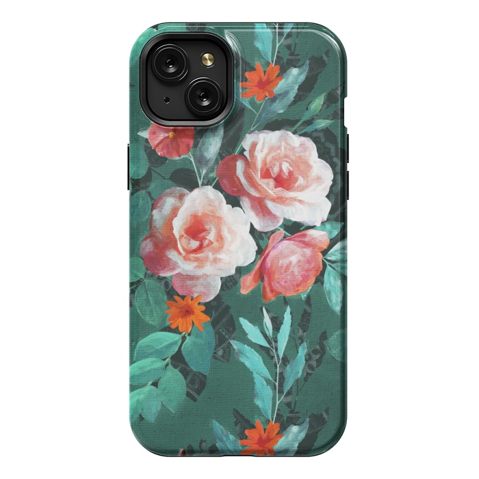 iPhone 15 Plus StrongFit Retro Rose Chintz in Melon Pink on Dark Emerald Green by Micklyn Le Feuvre