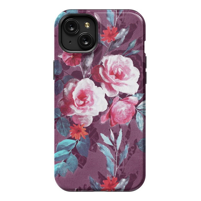 iPhone 15 Plus StrongFit Retro Rose Chintz in Magenta and Plum by Micklyn Le Feuvre
