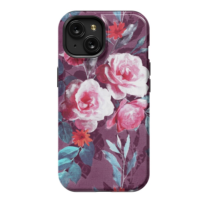 iPhone 15 StrongFit Retro Rose Chintz in Magenta and Plum by Micklyn Le Feuvre