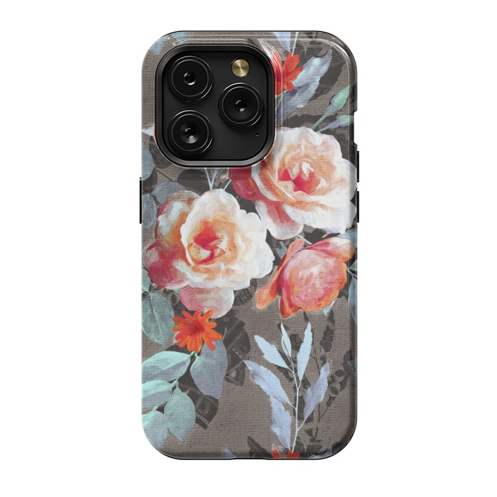 iPhone 15 Pro StrongFit Retro Rose Chintz in Scarlet, Peach, Sage and Grey by Micklyn Le Feuvre