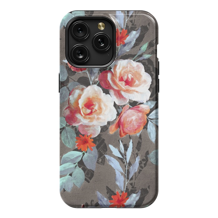 iPhone 15 Pro Max StrongFit Retro Rose Chintz in Scarlet, Peach, Sage and Grey by Micklyn Le Feuvre