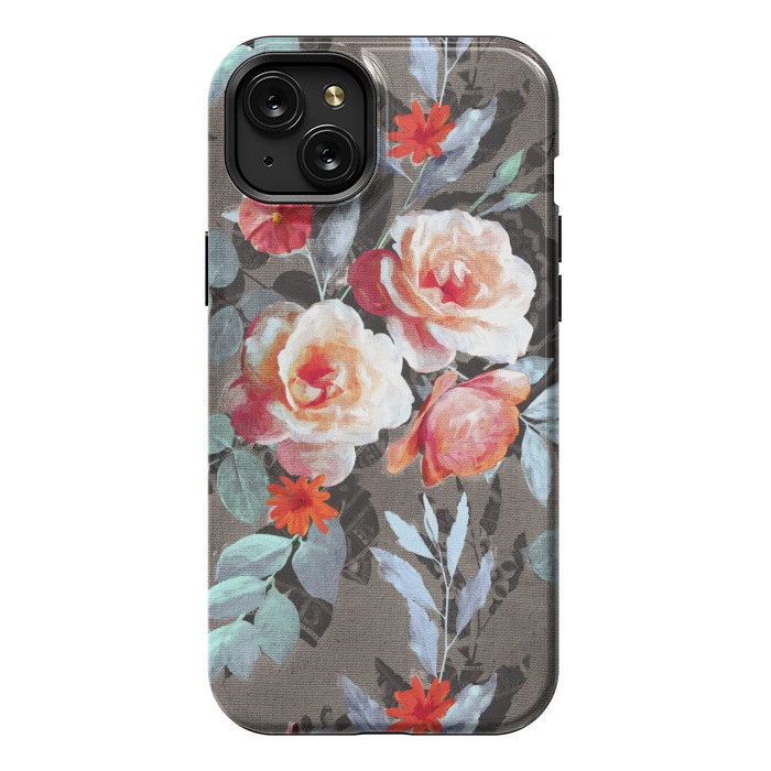 iPhone 15 Plus StrongFit Retro Rose Chintz in Scarlet, Peach, Sage and Grey by Micklyn Le Feuvre