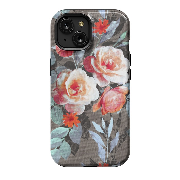 iPhone 15 StrongFit Retro Rose Chintz in Scarlet, Peach, Sage and Grey by Micklyn Le Feuvre