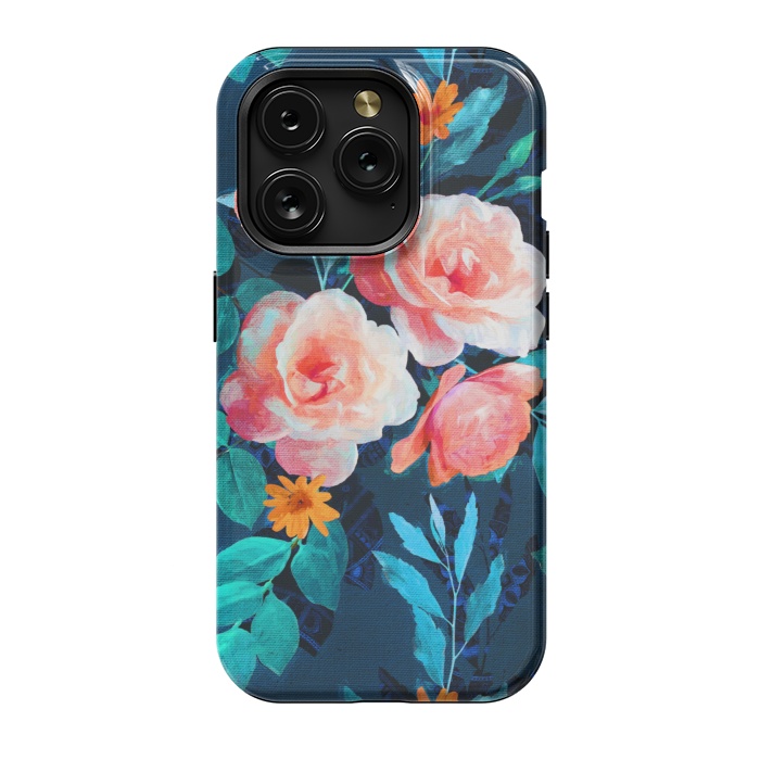 iPhone 15 Pro StrongFit Retro Rose Chintz in Bright Coral and Peach on Indigo Blue by Micklyn Le Feuvre