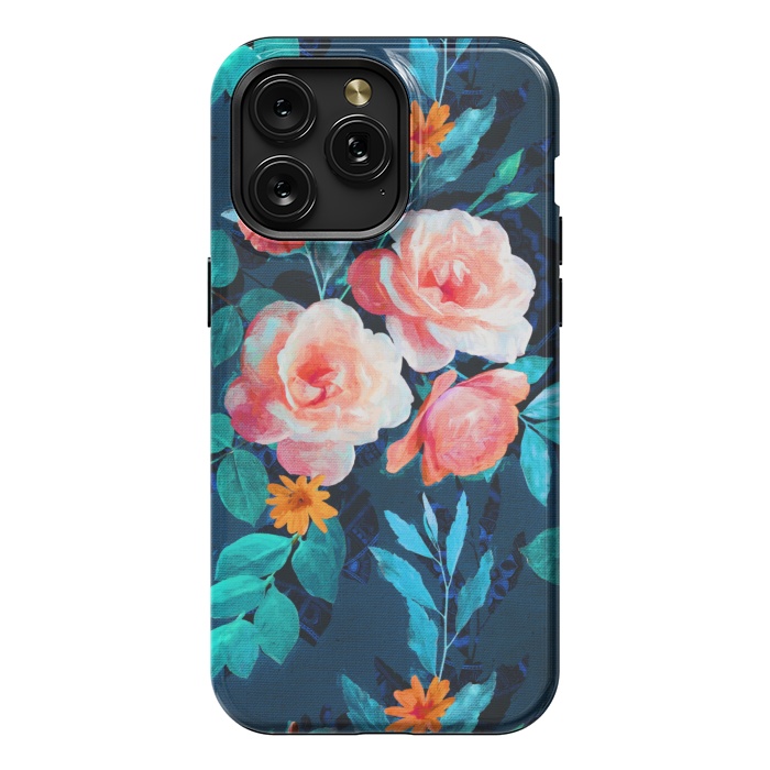 iPhone 15 Pro Max StrongFit Retro Rose Chintz in Bright Coral and Peach on Indigo Blue by Micklyn Le Feuvre