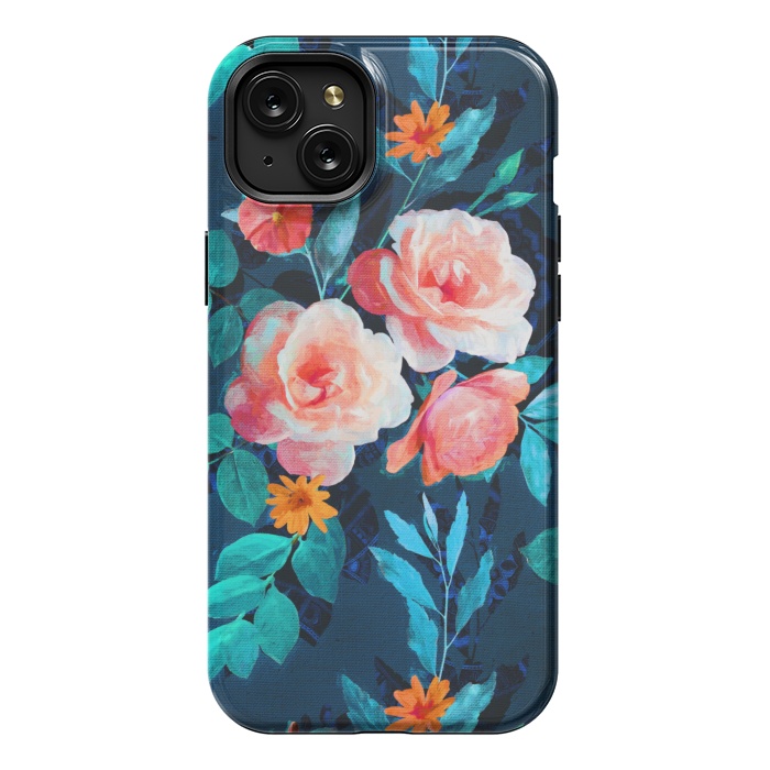 iPhone 15 Plus StrongFit Retro Rose Chintz in Bright Coral and Peach on Indigo Blue by Micklyn Le Feuvre