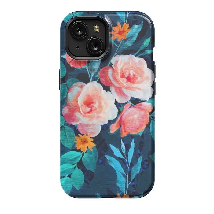 iPhone 15 StrongFit Retro Rose Chintz in Bright Coral and Peach on Indigo Blue by Micklyn Le Feuvre