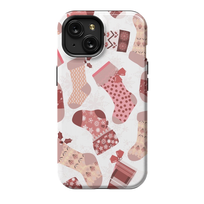 iPhone 15 StrongFit Christmas Stockings in Pink and Beige by Paula Ohreen