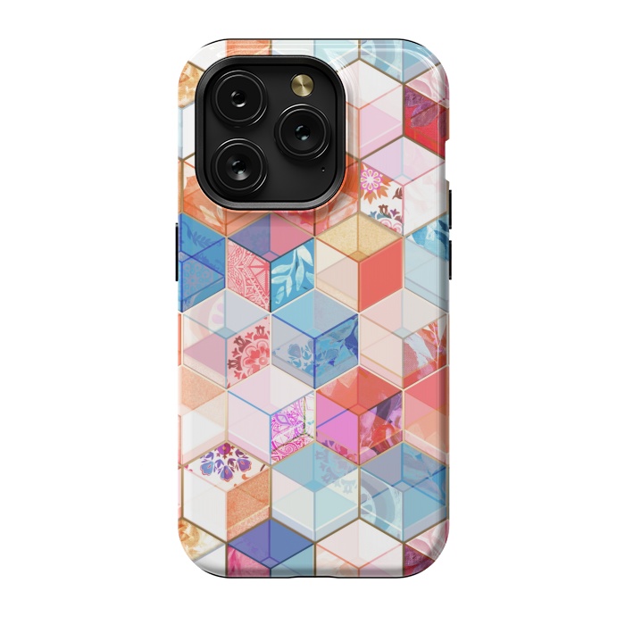 iPhone 15 Pro StrongFit Coral, Cream and Cobalt Kaleidoscope Cubes by Micklyn Le Feuvre