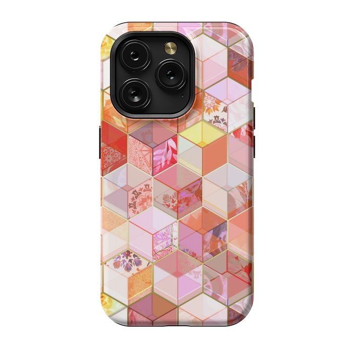 iPhone 15 Pro StrongFit Gold and Garnet Kaleidoscope Cubes by Micklyn Le Feuvre
