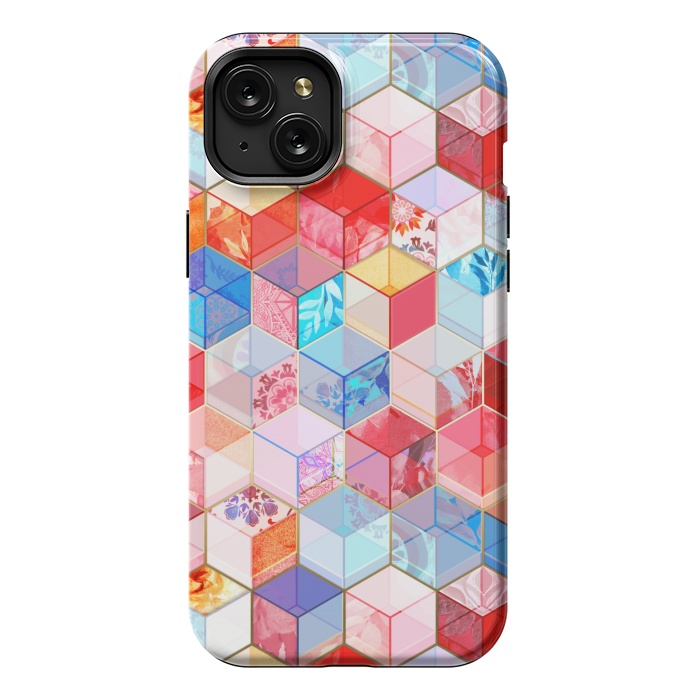 iPhone 15 Plus StrongFit Ruby and Topaz Kaleidoscope Cubes by Micklyn Le Feuvre