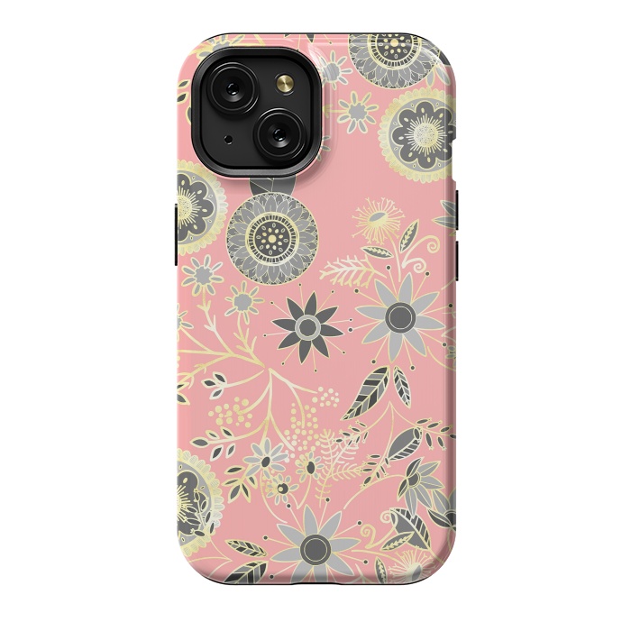 iPhone 15 StrongFit Elegant Gray and Pink Folk Floral Golden Design by InovArts
