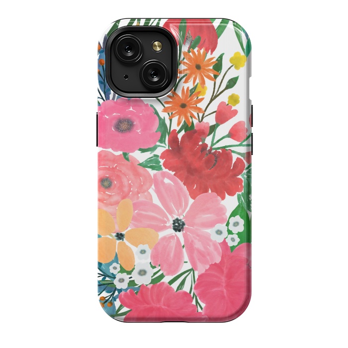 iPhone 15 StrongFit Trendy Pink watercolor Floral Bouquet White Design by InovArts