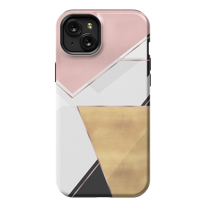 iPhone 15 Plus StrongFit Stylish Gold and Rose Pink Geometric Abstract Design by InovArts