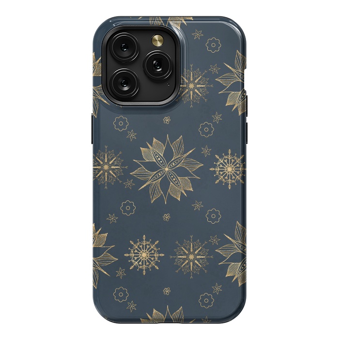 iPhone 15 Pro Max StrongFit Elegant Gold Blue Poinsettias Snowflakes Pattern by InovArts