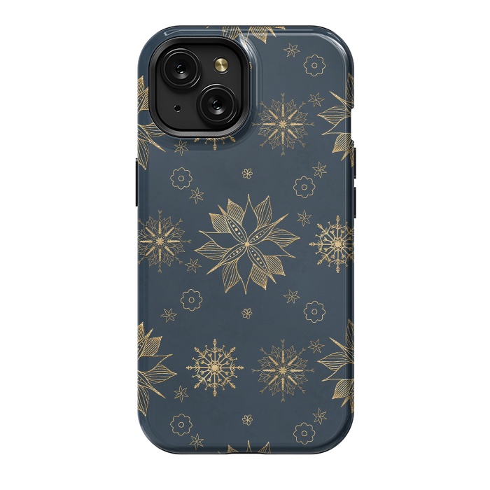 iPhone 15 StrongFit Elegant Gold Blue Poinsettias Snowflakes Pattern by InovArts