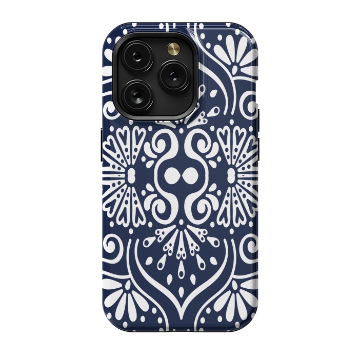 iPhone 15 Pro StrongFit BLUE WHITE MANDALA PATTERN by MALLIKA