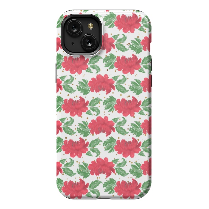 iPhone 15 Plus StrongFit Watercolor Winter Red Flowers Gold Dots Artwork by InovArts