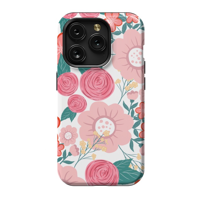iPhone 15 Pro StrongFit Cute girly pink Hand Drawn Flowers design by InovArts