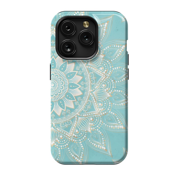 iPhone 15 Pro StrongFit Elegant White Gold Mandala Sky Blue Design by InovArts