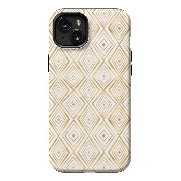 iPhone 15 Plus StrongFit Stylish Gold Diamond Shapes Doodles White Pattern by InovArts