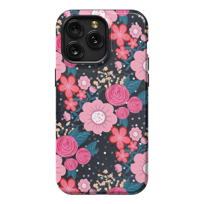 iPhone 15 Pro Max StrongFit Pretty girly pink Floral Silver Dots Gray design by InovArts