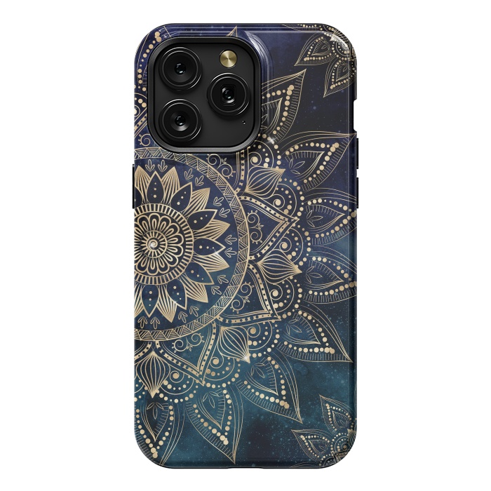iPhone 15 Pro Max StrongFit Elegant Gold Mandala Blue Galaxy Design by InovArts