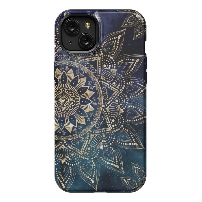 iPhone 15 Plus StrongFit Elegant Gold Mandala Blue Galaxy Design by InovArts