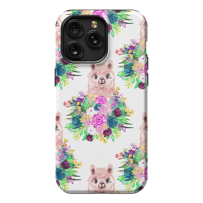iPhone 15 Pro Max StrongFit Cute Pink Alpaca and Flowers Watercolor paint by InovArts