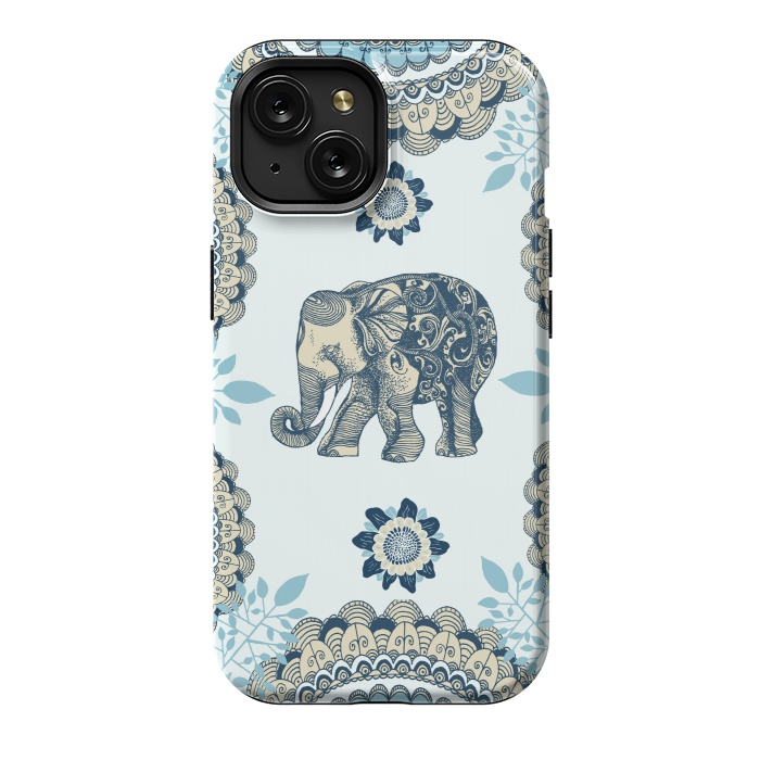 iPhone 15 StrongFit Blue Floral Elephant  by Rose Halsey
