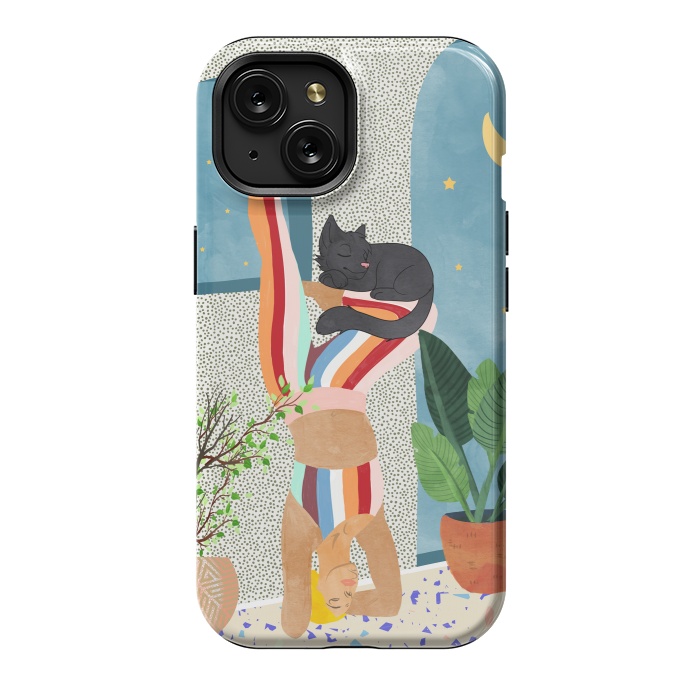 iPhone 15 StrongFit Headstand, Cat Yoga, Active Woman Workout, Eclectic Colorful Pets Terrazzo by Uma Prabhakar Gokhale