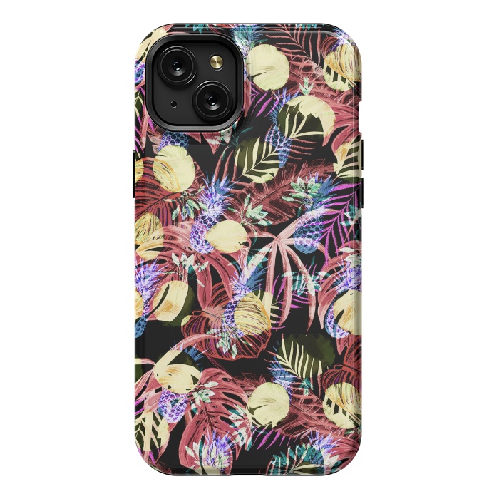 iPhone 15 Plus StrongFit Colourful painted tropical leaves and pineapples by Oana 