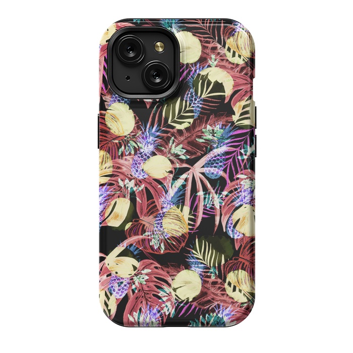 iPhone 15 StrongFit Colourful painted tropical leaves and pineapples by Oana 
