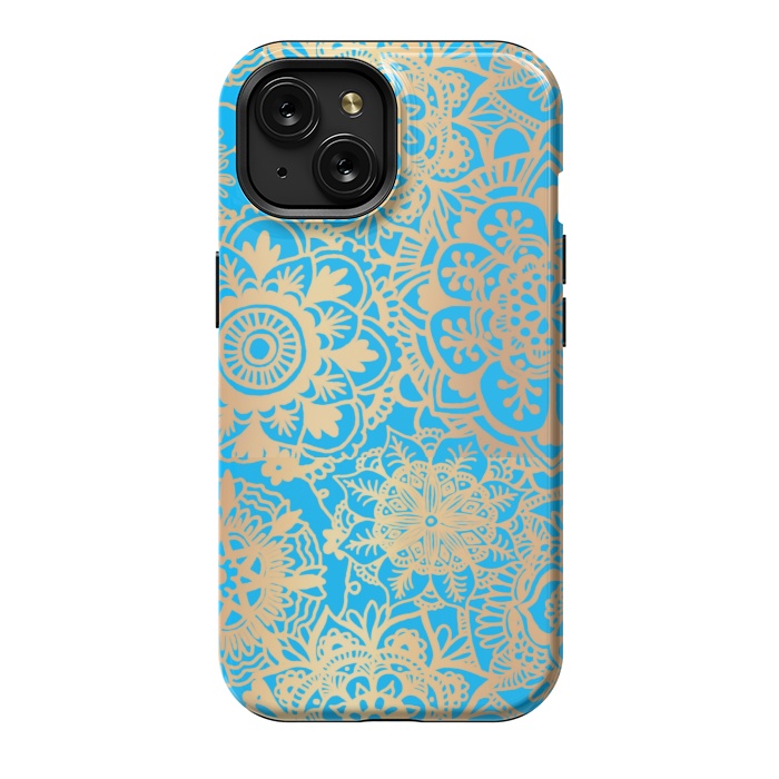 iPhone 15 StrongFit Light Blue and Gold Mandala Pattern by Julie Erin Designs