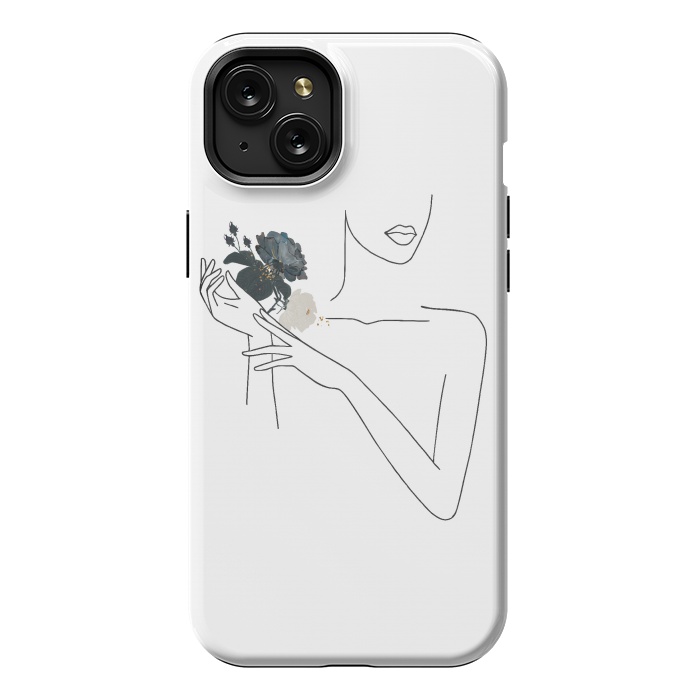 iPhone 15 Plus StrongFit Lineart Girl With Black Flowers by DaDo ART