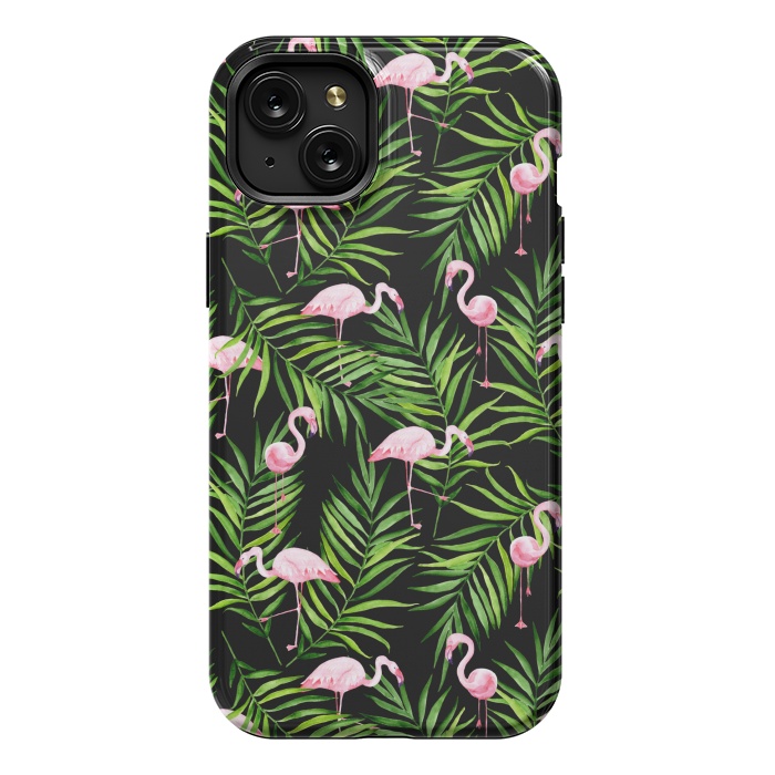 iPhone 15 Plus StrongFit Pink flamingo ang palm leaves by Julia Badeeva