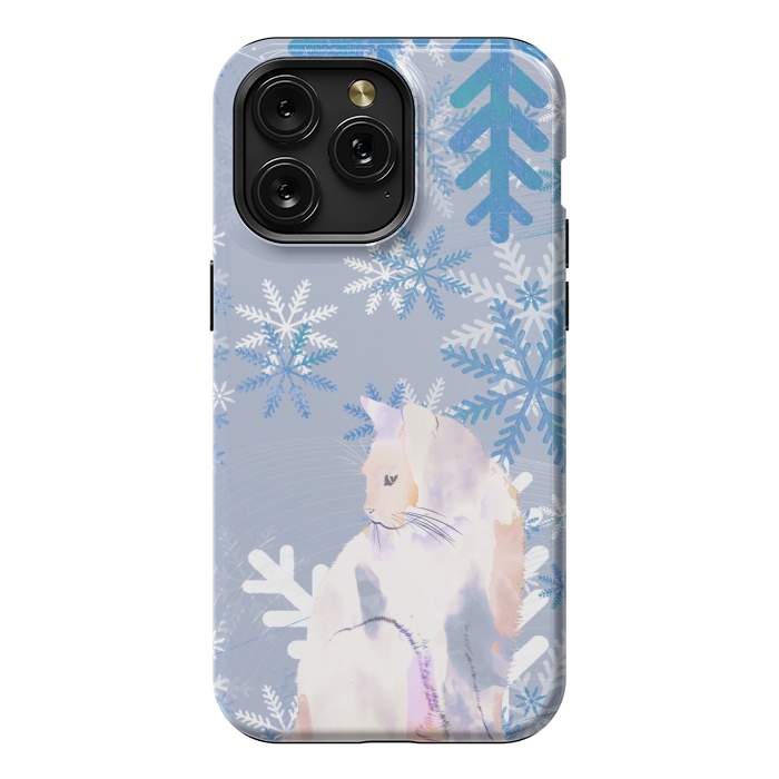 iPhone 15 Pro Max StrongFit Cat and metallic blue snowflakes watercolor illustration by Oana 