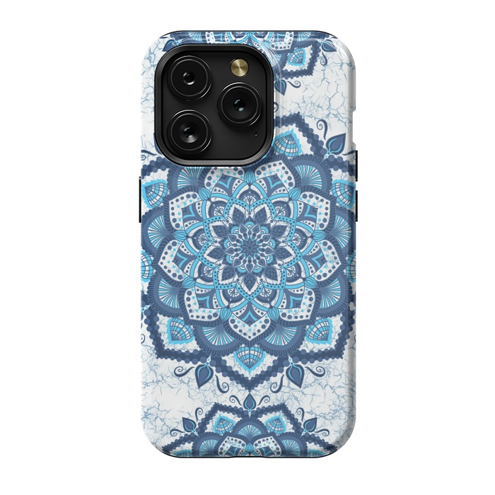 iPhone 15 Pro StrongFit Blue white flower mandalas art by Jms