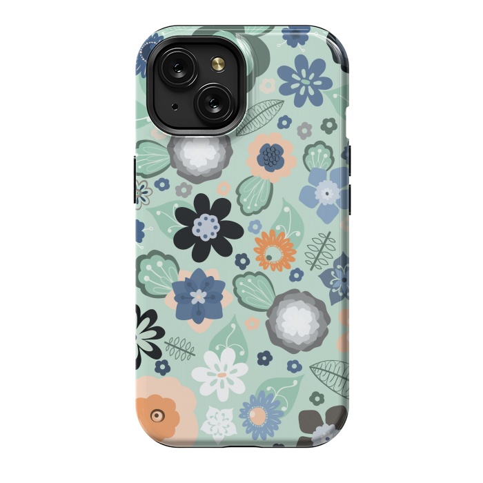 iPhone 15 StrongFit Kitsch 70s Flowers in Light Blue by Paula Ohreen