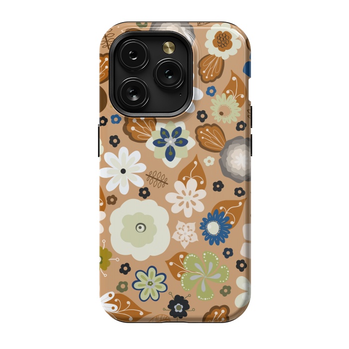 iPhone 15 Pro StrongFit Kitsch 70s Flowers in Classic Blue and Brown by Paula Ohreen